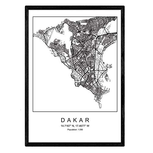 Karte der Stadtkarte Dakar Nordic Style in Schwarzweiß. Poster A4 mit schwarzem Rahmen gedrucktes Papier 250 gr. Bilder, Bettwäsche und Poster für Salon und Schlafzimmer von Nacnic