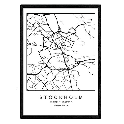 Karte der Stadtkarte Stockholm Nordic Style in Schwarzweiß. Poster A3 Größe mit schwarzem Rahmen gedruckt Papier 250 gr. Bilder, Bettwäsche und Poster für Salon und Schlafzimmer von Nacnic