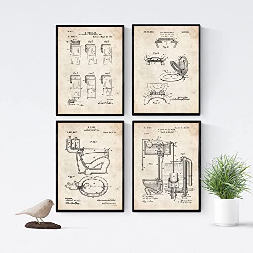 Nacnic 4 poster mit toilette patenten | posterset mit erfindungen und alten werkzeugen | bilder von papierrollen, toilettensitzen, schüsseln und spülkästen | waschbecken design für bad | größe a4. von Nacnic