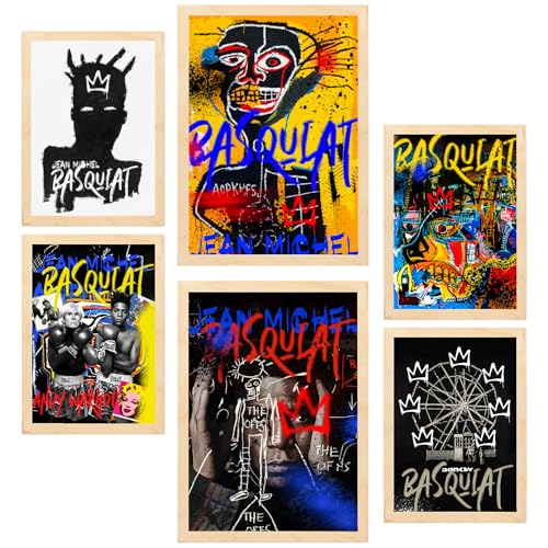 Nacnic 6er-Set Ikonische Basquiat-Graffiti-Pop-Art Gerahmtes Poster mit Design-Illustrationen zur Dekoration der Wände Ihres Zuhause Zimmer Büro Laden Malerei im A3 & A4 Leichter Holzrahmen von Nacnic