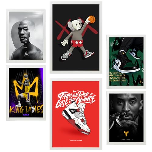 Nacnic 6er-Set Ikonischer Basketball-König James Jordan Nike Gerahmtes Poster mit Design-Illustrationen zur Dekoration der Wände Ihres Zuhause Zimmer Büro Laden Malerei A3 & A4 Weißer Rahmen von Nacnic