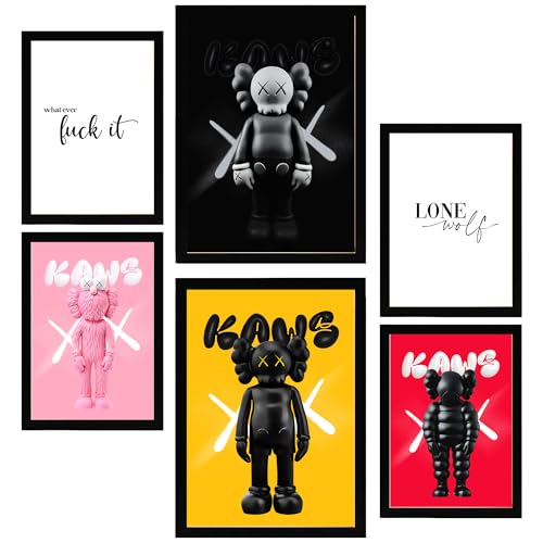 Nacnic 6er-Set Kultige Kaws farbenfroh Gerahmtes Poster mit Design-Illustrationen zur Dekoration der Wände Ihres Zuhause Zimmer Büro Laden Malerei A3 & A4 Schwarzer Rahmen von Nacnic