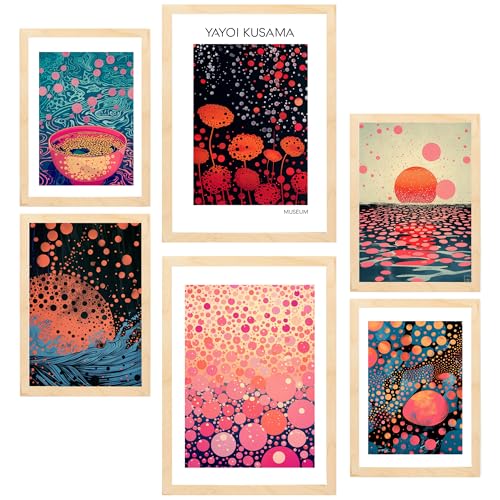 Nacnic 6er-Set Kusama-Welle Gerahmtes Poster mit Design-Illustrationen zur Dekoration der Wände Ihres Zuhause Zimmer Büro Laden Malerei im A3 & A4 Leichter Holzrahmen von Nacnic