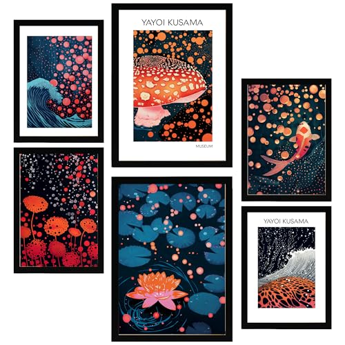 Nacnic 6er-Set Yayoi Kusama Pilz Ola Japanische Dunkle Farben Gerahmtes Poster mit Design-Illustrationen zur Dekoration der Wände Ihres Zuhause Zimmer Büro Laden Malerei im A3 & A4 Schwarzer Rahmen von Nacnic