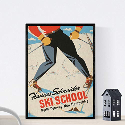 Nacnic Alte Reise Werbeplakat. Bunte Werbung aus dem letzten Jahrhundert für Reisebüros. Ski Schule in New Hampshire. A3 ohne Rahmen. von Nacnic