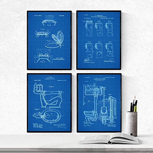 BLAU - Nacnic Badezimmer Patent Poster 4er-Set. Vintage Stil Wanddekoration Abbildung von Toiletten, Klopapier und Alte Erfindungen. Verschiedene geometrische Klempnerei Bilder ohne Rahmen. Größe A4. von Nacnic