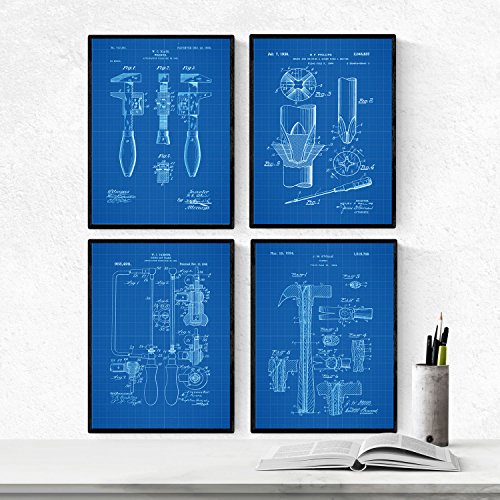 Nacnic Blue - Packung mit 4 Blatt mit Werkzeug Patenten. Stellen Sie Plakate mit Erfindungen und Alten Patenten. Wählen Sie die Farbe, die Sie mögen. Gedruckt auf hochwertigen 250 Gramm von Nacnic