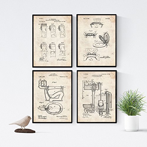Nacnic Badezimmer Patent Poster 4er-Set. Vintage Stil Wanddekoration Abbildung von Toiletten und Alte Erfindungen. Verschiedene lustig Klempnerei Bilder ohne Rahmen. Größe A4. von Nacnic