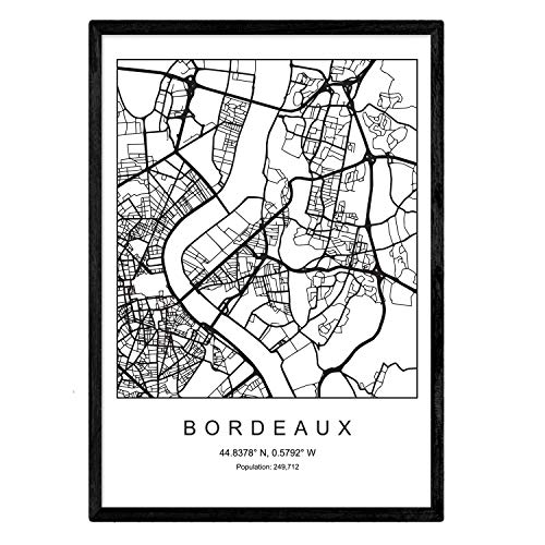 Nacnic Blade Bordeaux Stadtkarte nordischen Stil schwarz und weiß. Plakat A4 Bedruckte Papier Keine 250 gr. Gemälde, Drucke und Poster für Wohnzimmer und Schlafzimmer von Nacnic