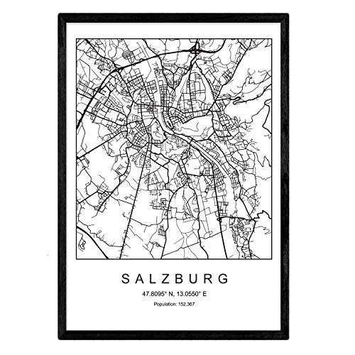 Nacnic Drucken Stadtplan Salzburg skandinavischen Stil in Schwarz und Weiß. Plakat A4 Bedruckte Papier Keine 250 gr. Gemälde, Drucke und Poster für Wohnzimmer und Schlafzimmer von Nacnic
