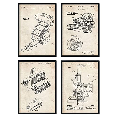 Nacnic Fotografie Patent Poster 4er-Set. Vintage Stil Wanddekoration Abbildung von Kamera und Alte Erfindungen. Verschiedene geometrische Fischen Bilder mit Rahmen. Größe A4. von Nacnic