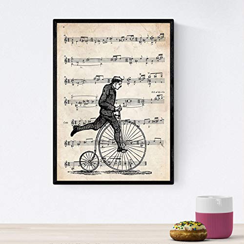 Nacnic Hochrad-Fahrradplakat auf Noten. Bilder von Bildern mit Noten. Musikdesign für das Zuhause. A4-Größe mit Rahmen von Nacnic