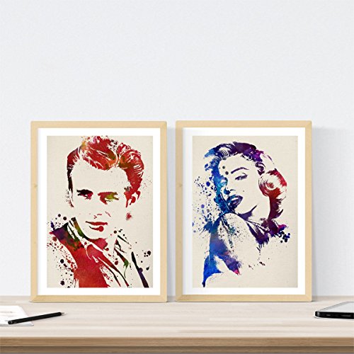 Nacnic James Dean und Marilyn Monroe Aquarell Poster 2-er Set. Wasserfarbe Stil Wanddeko von klassisches Kino, Musik und Kindergeschichte. Verschiedene mehrfarbige Bilder ohne Rahmen. Größe A3. von Nacnic