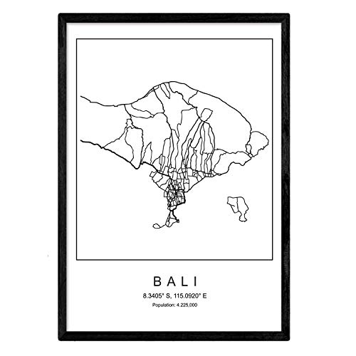 Nacnic Karte der Stadtkarte Bali Nordic-Stil in Schwarzweiss. Poster A3 Größe mit schwarzem Rahmen gedruckt Papier 250 gr. Bilder, Bettwäsche und Poster für Salon und Schlafzimmer von Nacnic