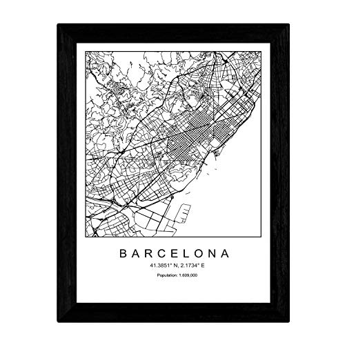 Nacnic Karte der Stadtkarte Barcelona Nordic-Stil in Schwarzweiß-Stil. Poster A3 Größe mit schwarzem Rahmen gedruckt Papier 250 gr. Bilder, Bettwäsche und Poster für Salon und Schlafzimmer von Nacnic