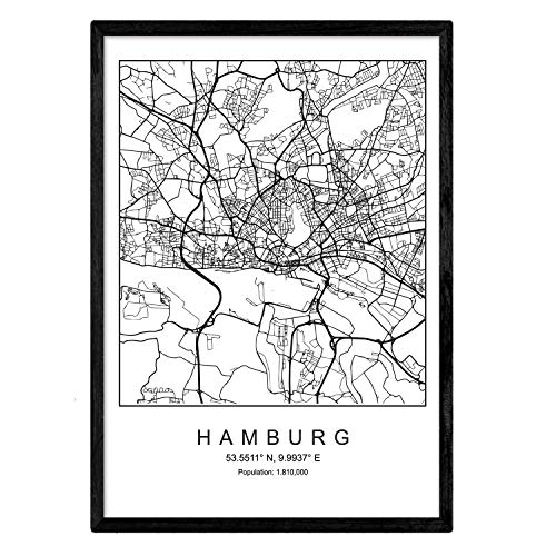 Nacnic Karte der Stadtkarte Hamburg nordischer Stil in Schwarzweiss. Poster A4 mit schwarzem Rahmen gedrucktes Papier 250 gr. Bilder, Bettwäsche und Poster für Salon und Schlafzimmer von Nacnic