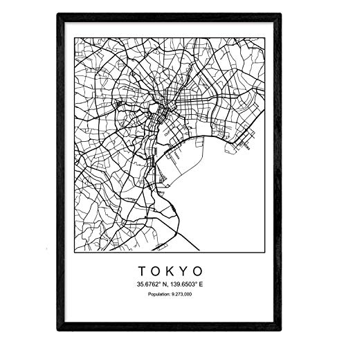 Nacnic Karte der Stadtkarte Tokyo Nordic-Stil in Schwarzweiss. Poster A3 Größe mit schwarzem Rahmen gedruckt Papier 250 gr. Bilder, Bettwäsche und Poster für Salon und Schlafzimmer von Nacnic