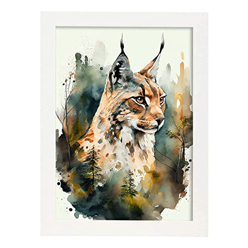 Nacnic Luchs 1 im Aquarell Stil. Vollfarbige Illustrationen von Wilden Tieren in der Natur. Innenarchitektur und Dekoration. A4 weißen Rahmen. von Nacnic