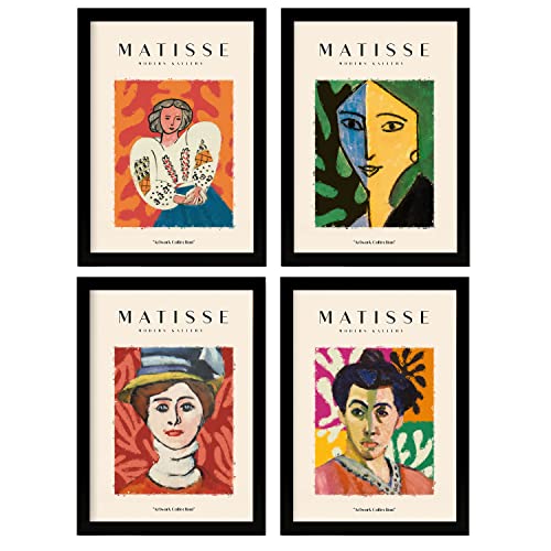 Nacnic Matisse-Portraits, 4 Stück, ästhetischer Kunstdruck für Schlafzimmer oder Wohnzimmer, Größen A3, mit schwarzem Rahmen von Nacnic