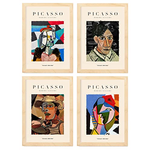 Nacnic Picasso-Kollektion, 4 Stück, ästhetische Wandkunstdrucke für Schlafzimmer oder Wohnzimmer, Größen A4, mit Leuchtholzrahmen von Nacnic