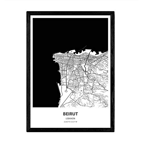 Nacnic Plakat mit Karte von Beirut - Libanon. Blätter Städte in Afrika mit Meeren und Flüssen in schwarzer Farbe. A4-Format von Nacnic