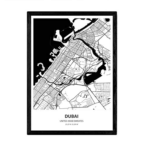 Nacnic Plakat mit Karte von Dubai - Vereinigte Arabische Emirate. Blätter Naher Osten Städte mit Meeren und Flüssen in schwarzer Farbe. A4-Format von Nacnic