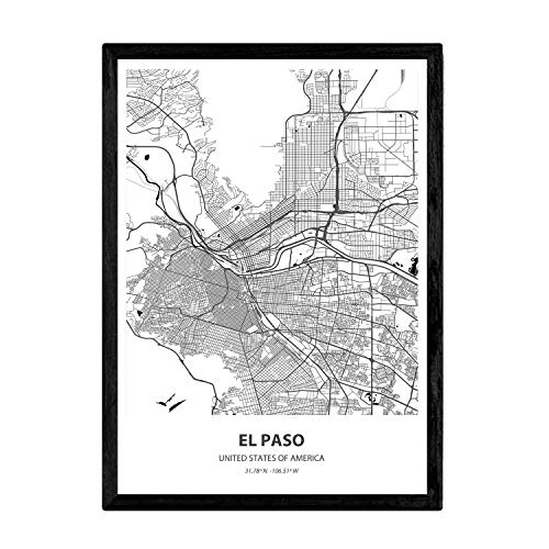 Nacnic Plakat mit Karte von El Paso - USA. Blätter US-Städte mit Meeren und Flüssen in schwarzer Farbe. A4-Format von Nacnic