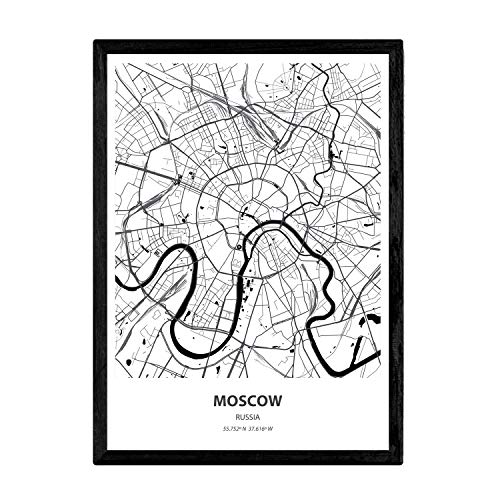 Nacnic Plakat mit Karte von Moskau - Russland. Asiatische Städte Blätter mit Meeren und Flüssen in schwarzer Farbe. A4-Format von Nacnic