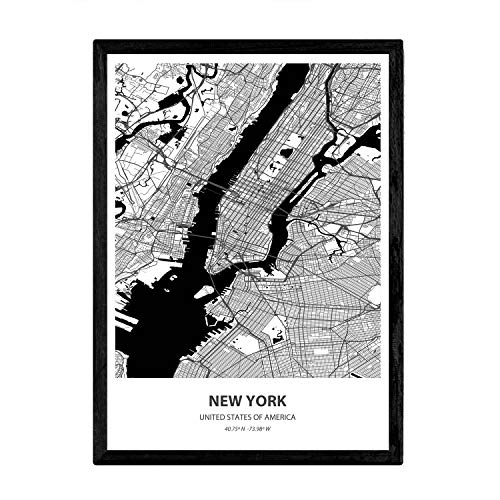 Nacnic Plakat mit Karte von New York - USA. Blätter US-Städte mit Meeren und Flüssen in schwarzer Farbe. A4-Format von Nacnic