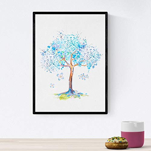 Nacnic Poster Blumenkränzen. Blauer lila Baum Blatt, illustriert mit Motiven von Blumen, Pflanzen und Tieren. Dekoration Pflanzen und Natur. A4-Format von Nacnic