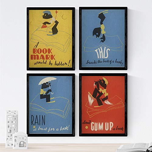 Nacnic Poster Jahrgang. Alte Plakate mit Anzeigen. Vier Vintage-Poster und Bücher Bibliothek. A4-Format von Nacnic