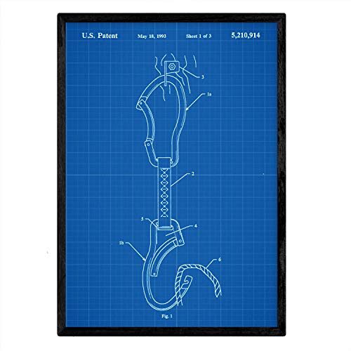 Nacnic Poster Patent Karabiner Klettern. Blatt mit altem Design-Patent A3-Format mit blauem Hintergrund von Nacnic