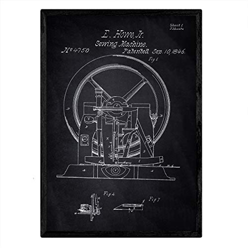 Nacnic Poster Patent Nähmaschine 2. Platte mit altem Design-Patent in der Größe A3 mit schwarzem Hintergrund von Nacnic