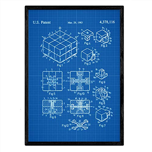 Nacnic Poster Patent Rubiks Cube. Blatt mit altem Design-Patent A3-Format mit blauem Hintergrund von Nacnic