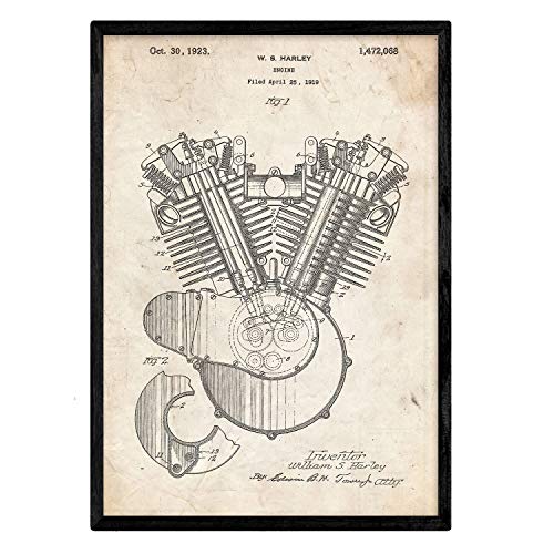 Nacnic Poster Patent Verbrennungsmotor Harley Davidson. Blatt mit altem Design-Patent in der Größe A3 und Vintage-Hintergrund von Nacnic
