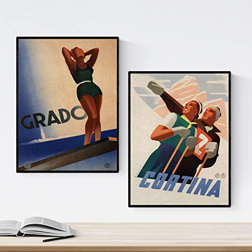 Nacnic Poster Vintage. Poster Werbung der Welt. Zwei Vintage-Ski- und Trampolinplatten. A3 Größe mit Rahmen von Nacnic