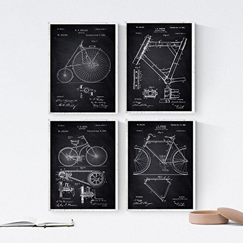 Nacnic 4 Poster Pack mit Fahrrad Patenten. Posterset mit Erfindungen und alten Werkzeugen. Bilder von Fahrradrahmen und Fahrräder. von Nacnic