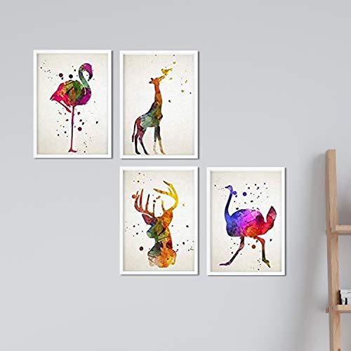 Nacnic Tiere Aquarell Poster 4-er Set. Wasserfarbe Stil Wanddekoration Abbildung von Flamingo, Giraffe, Hirsch und Strauß. Größe A3 ohne Rahmen. von Nacnic