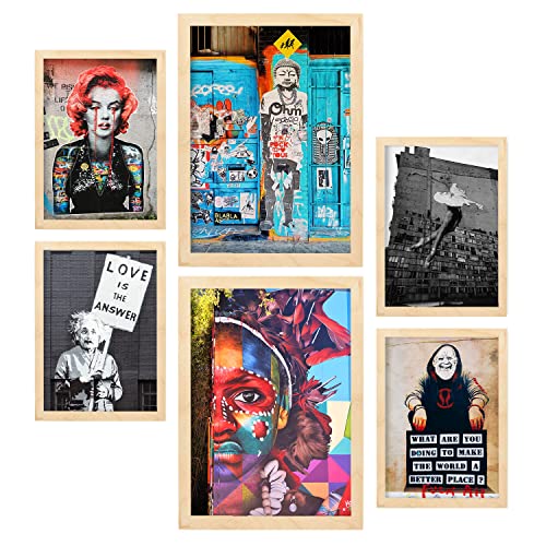 Nacnic Satz von 6 Bilder Graffiti. Ästhetische Wandkunstdrucke für Schlafzimmer oder Wohnzimmerdesign. Größen A3 & A4. Mit Holzrahmen. von Nacnic