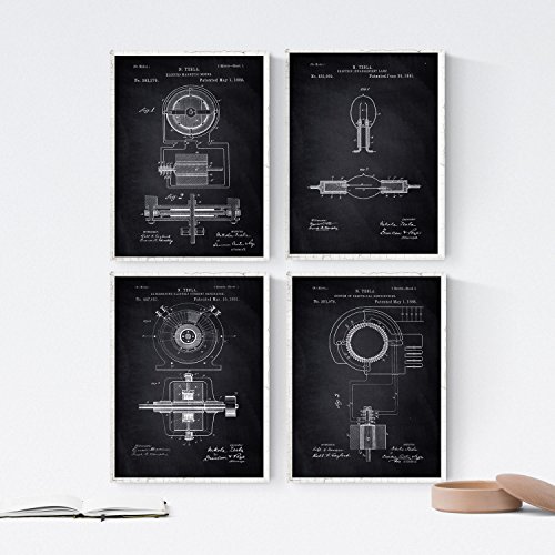 Nacnic Schwarz - Packung mit 4 Blatt mit Patent Elektrizität. Set Poster Antike Erfindungen und Patente. Wählen Sie die Farbe, die Sie mögen. Gedruckt auf 250 Gramm von Nacnic