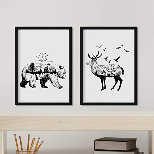 Nacnic Set Two Nordic style sheets for framing. Bear sheet and composed of sheet Deer. White and Black. A4 size. 250 gr paper and inks von Nacnic