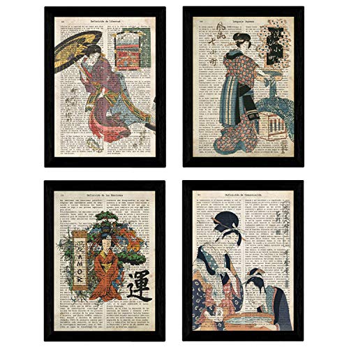 Nacnic Set aus 4 japanischen Vintage Poster. Japanische Illustration im A4-Format mit Rahmen. von Nacnic