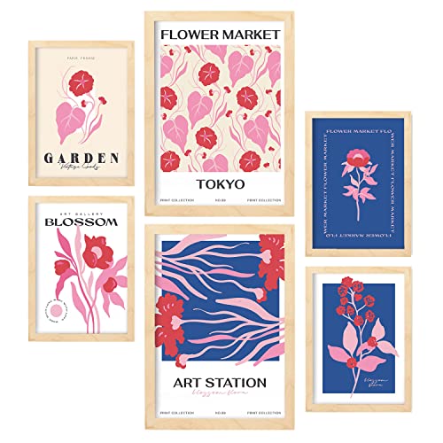 Nacnic Set mit 6 Blumen Postern. Blumenmarkt. Natur- und Botanikdrucke für Innenarchitektur und Dekoration. A3 & A4 Holzfarbe Rahmen. von Nacnic