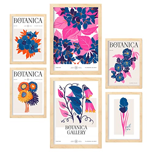 Nacnic Set mit 6 Blumen Postern. Botanische Galerie. Natur- und Botanikdrucke für Innenarchitektur und Dekoration. A3 & A4 Holzfarbe Rahmen. von Nacnic