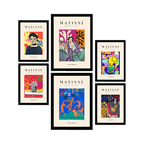 Nacnic Set mit 6 Henri Matisse Postern. Feier. Drucke des Fauvismus und der abstrakten Kunst für Innenarchitektur und Dekoration. A3 & A4 Schwarze Rahmen. von Nacnic