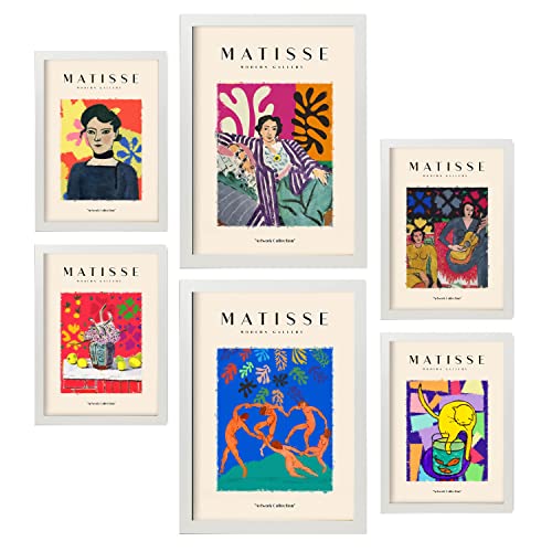 Nacnic Set mit 6 Henri Matisse Postern. Feier. Drucke des Fauvismus und der abstrakten Kunst für Innenarchitektur und Dekoration. A3 & A4 weiße Rahmen. von Nacnic