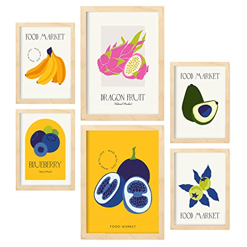 Nacnic Set mit 6 Lebensmittel- und Ernährungs Postern. Beeren. Natur- und Botanikdrucke für Innenarchitektur und Dekoration. A3 & A4 Holzfarbe Rahmen. von Nacnic