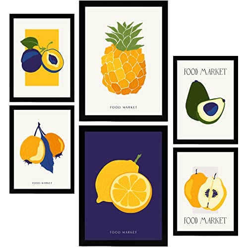 Nacnic Set mit 6 Lebensmittel- und Ernährungs Postern. Tropische Früchte. Natur- und Botanikdrucke für Innenarchitektur und Dekoration. A3 & A4 Schwarze Rahmen. von Nacnic