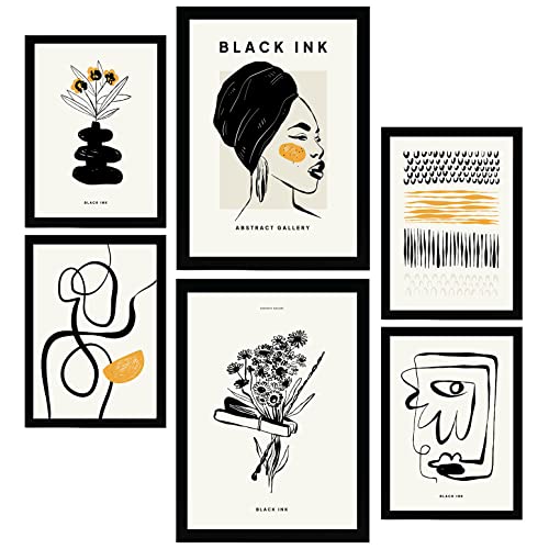 Nacnic Set mit 6 Postern in schwarzer Tinte. Natürlich. Künstlerische und abstrakte Drucke für Innenarchitektur und Dekoration. A3 & A4 Schwarze Rahmen. von Nacnic