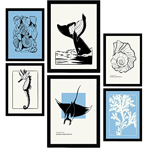Nacnic Set mit 6 Postern in schwarzer Tinte. Stachelrochen und Wal. Kunstdrucke von Meer und Ozean für Innenarchitektur und Dekoration. A3 & A4 ohne Rahmen. von Nacnic